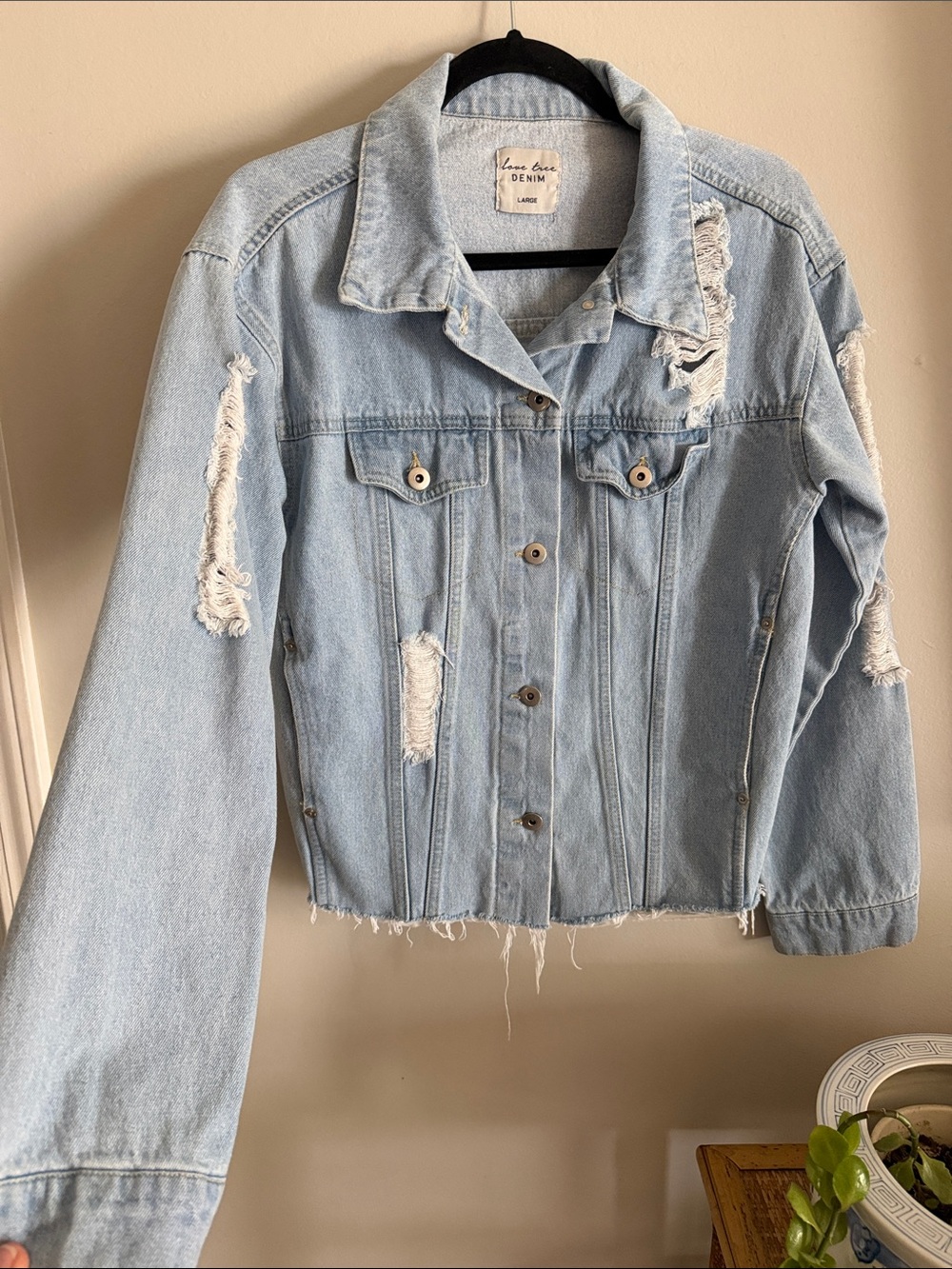 Love Tree Distressed Light Wash Denim Jacket - Light Blue